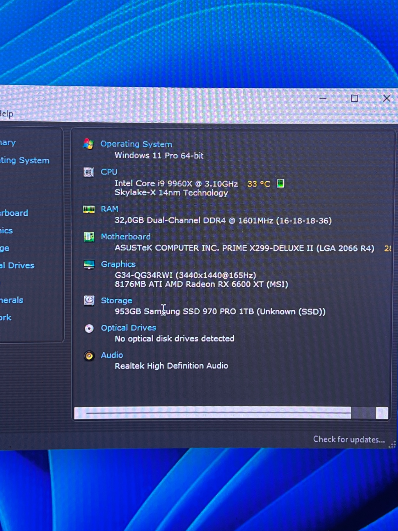 Speccy-oversigt med Core i9-9960X, ASUS X299-DELUXE II og RX 6600 XT