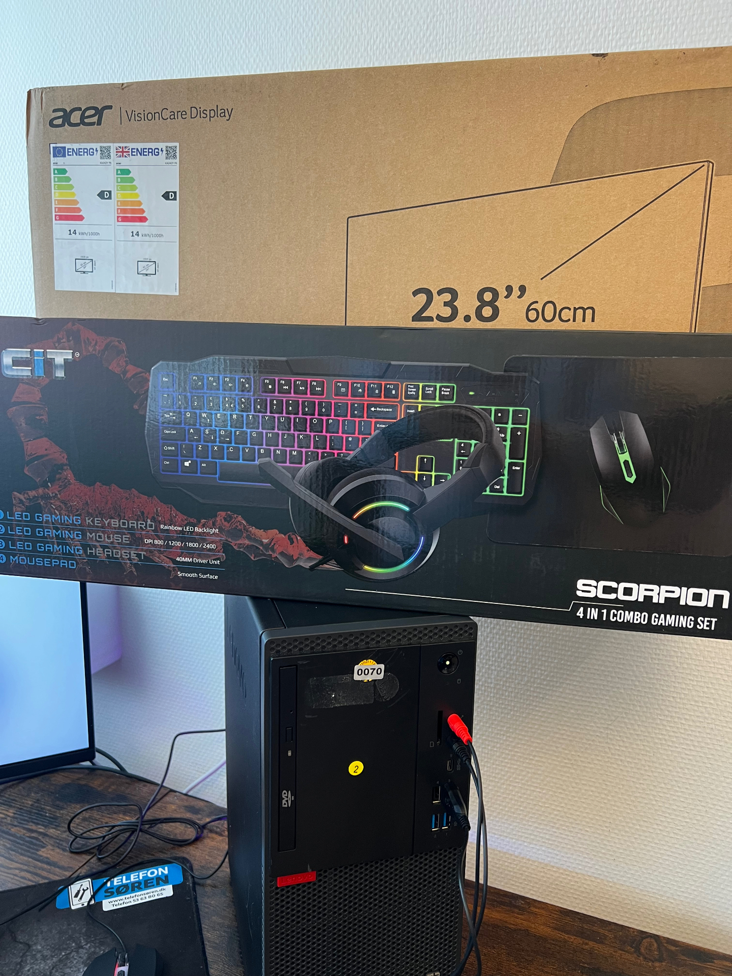 Brugt Lenovo gaming-PC med ny Acer-skærm og Cit gaming-sæt i æske